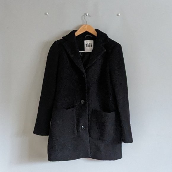 Women's Vera Moda Black Boucle Boxy Cocoon Style 3/4 Length Coat Size XS - Picture 4 of 9